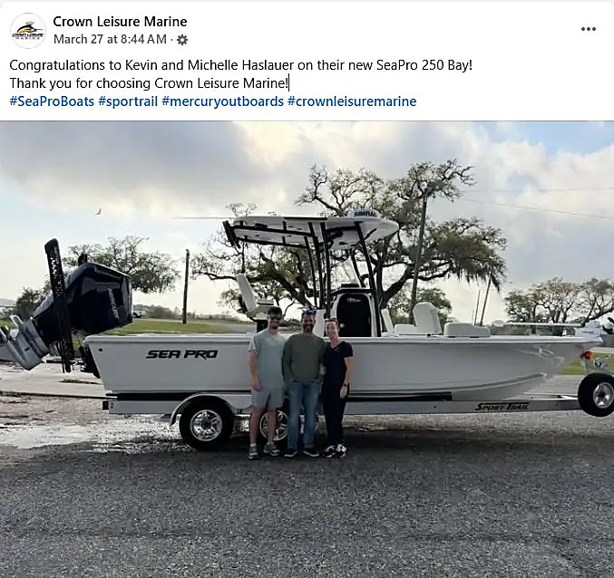 A Crown Leisure Marine customer taking delivery of a new Sea Pro 250 Bay