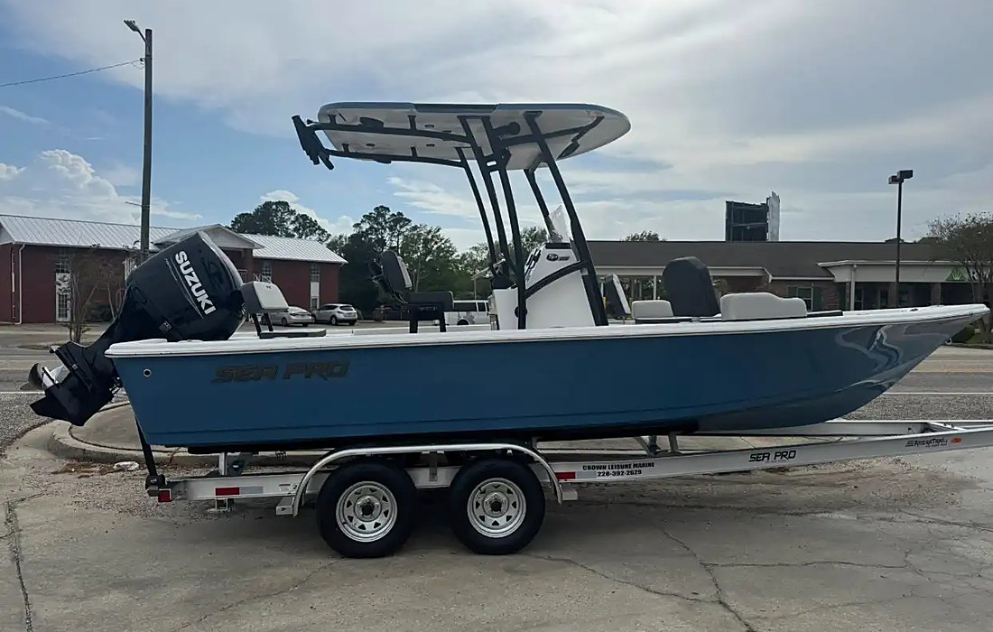 A Sea Pro bay boat with Suzuki power on the Crown Leisure lot