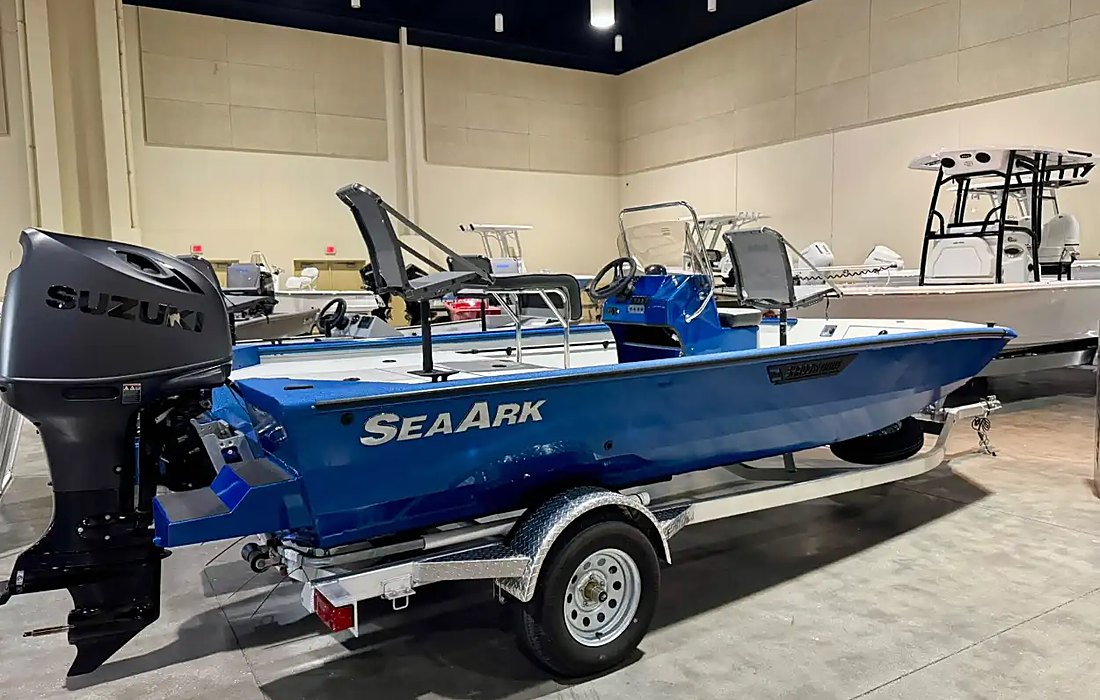 Blue SeaArk aluminum boat on a trailer