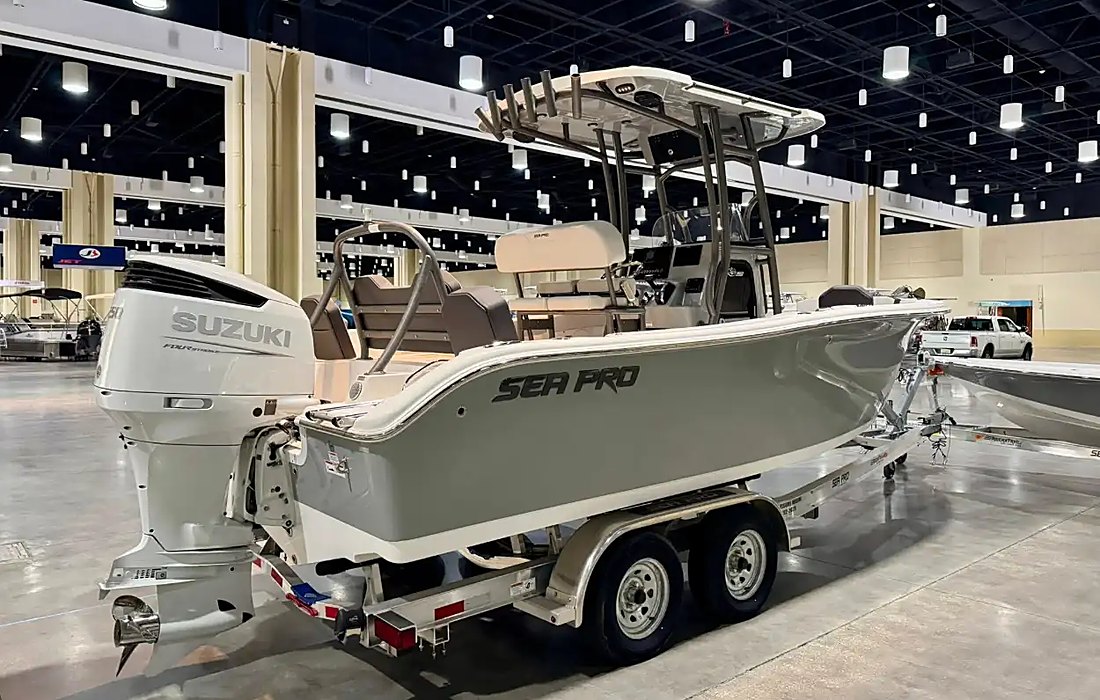 Sea Pro with Suzuki outboards in the showroom