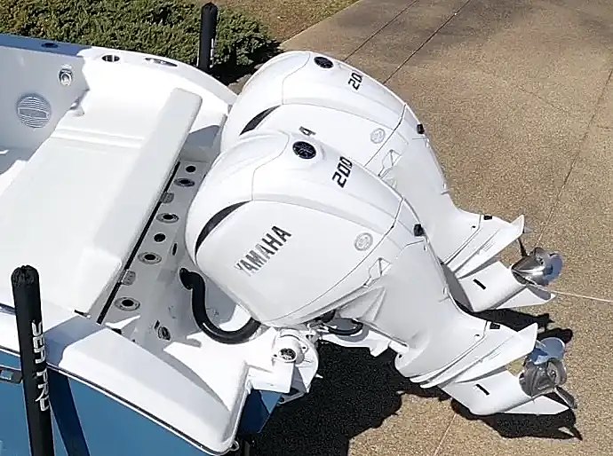 Yamaha outboards rigged on a transom